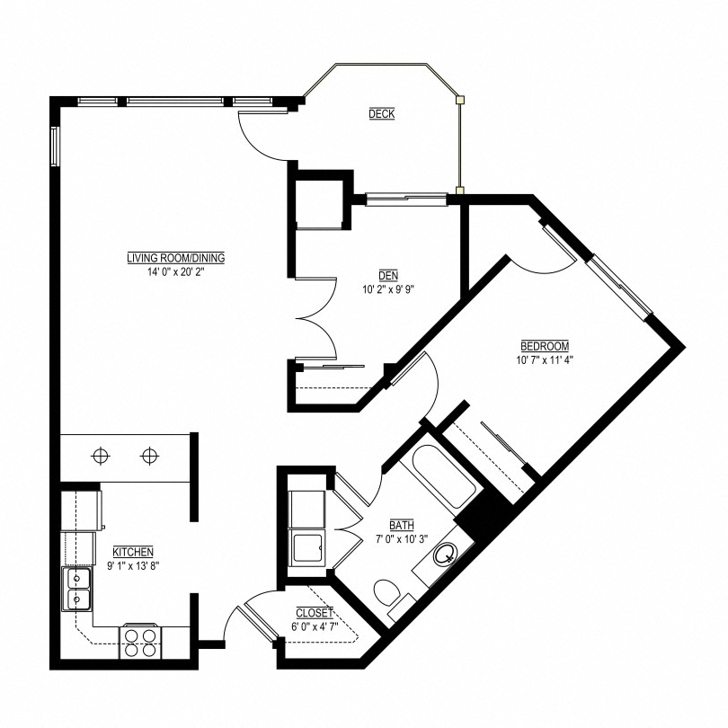 Floor plan for 1 bed, 1 bath, 906 sqft
